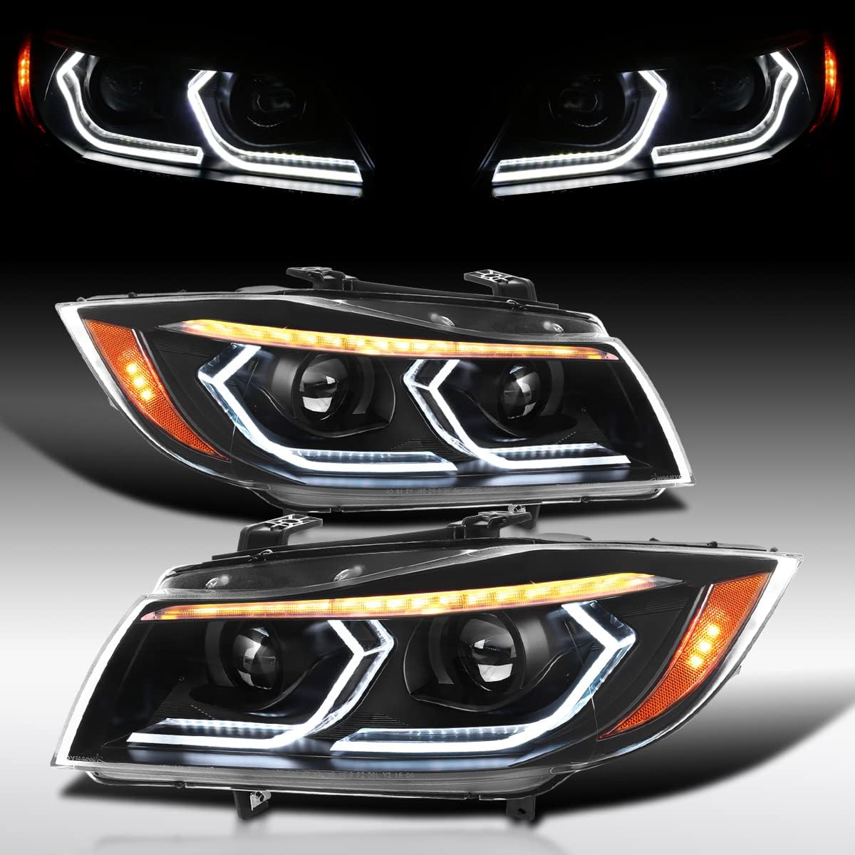Autozensation Compatible with 2006-2011 BMW 3-Series E90 Sedan/E91 Wagon, Left + Right Pair Headlamps Assembly, Black Dual Projector Headlights with 3D LED Tube and Dynamic Startup Effect