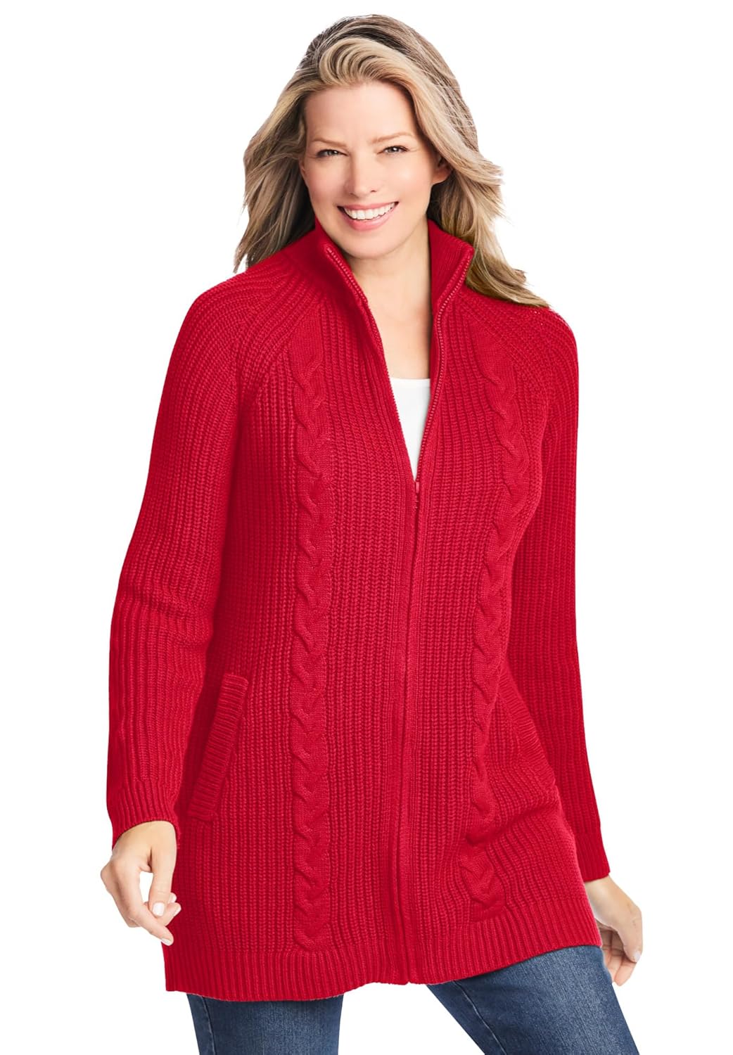Woman Within Plus Size Cabled Zip-Front Cardigan