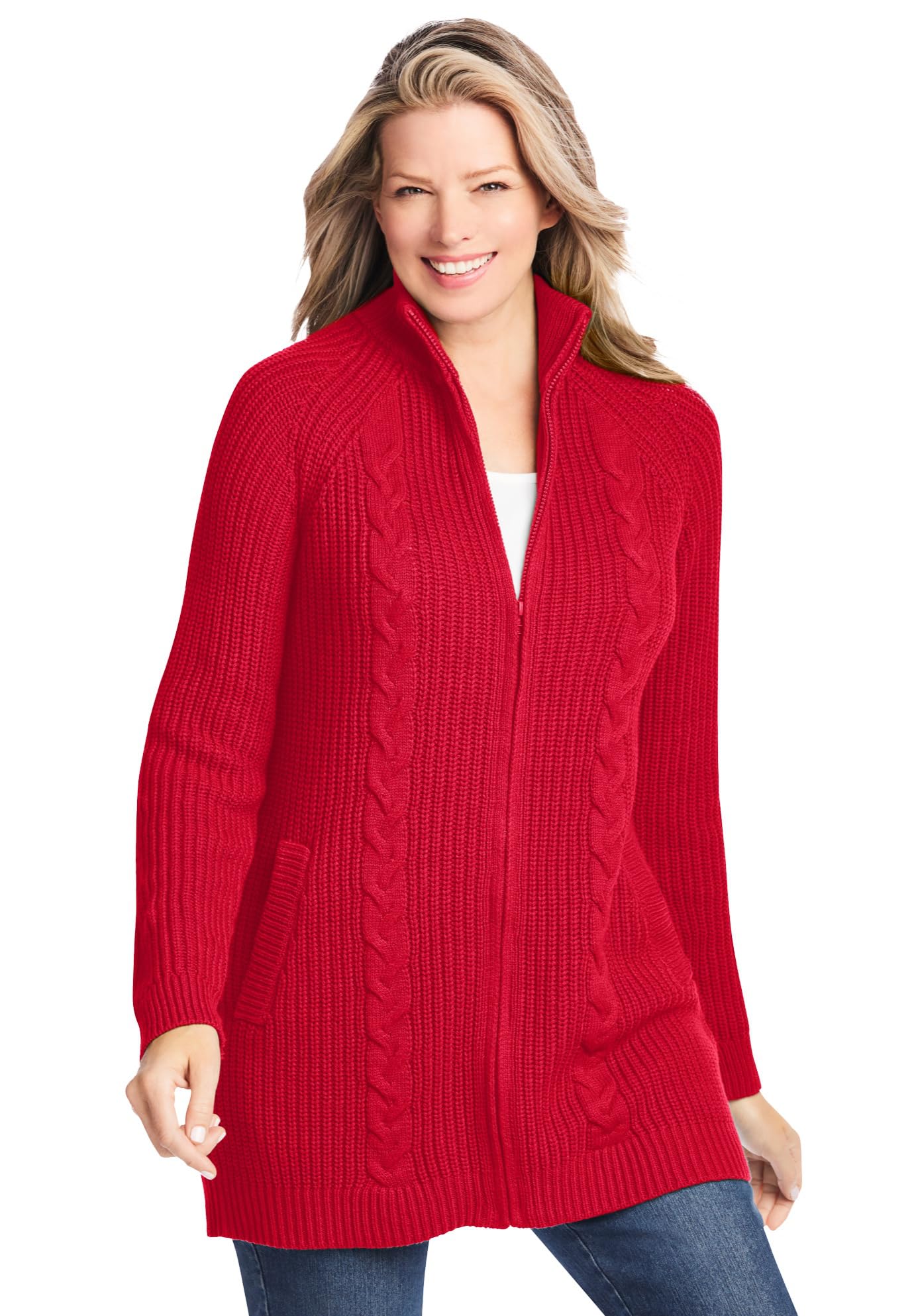 Woman Within Plus Size Cabled Zip-Front Cardigan
