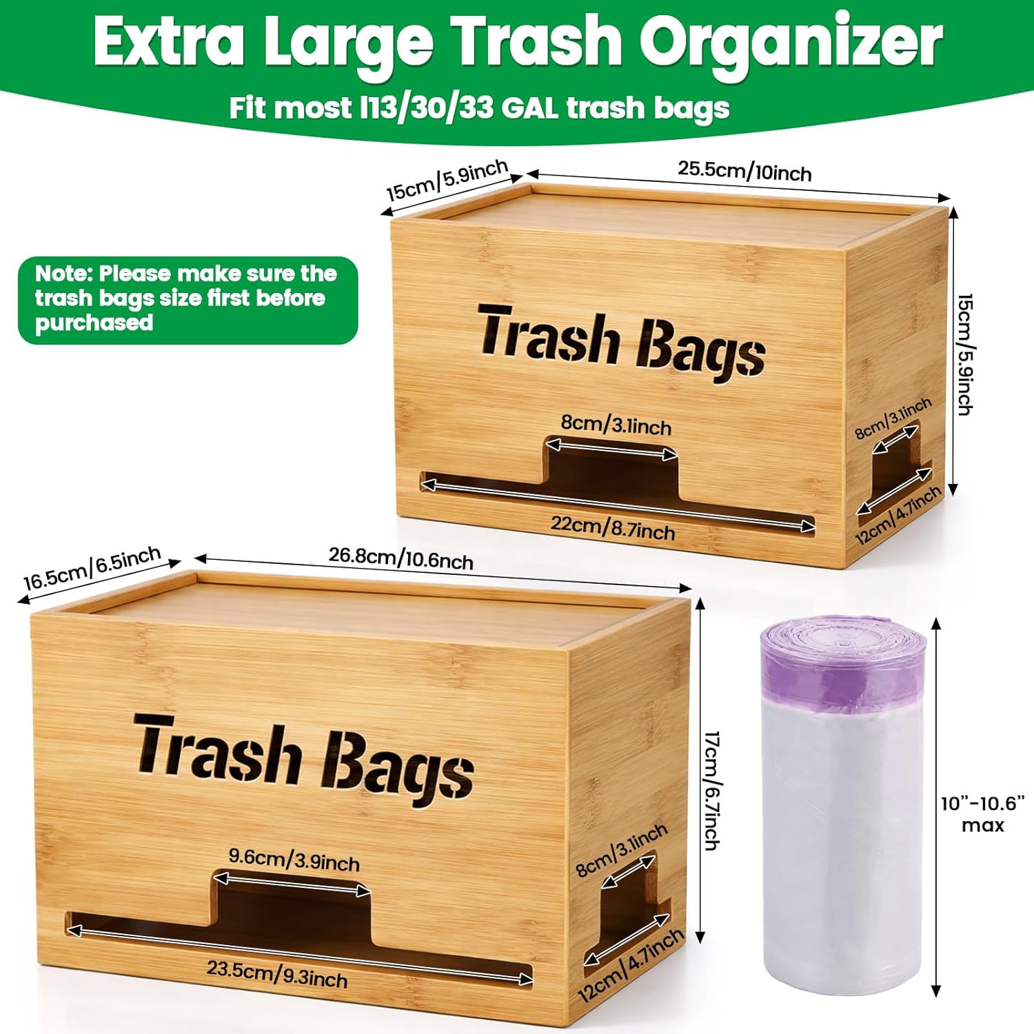 Kathfly 2 Pcs Bamboo Trash Bag Holder Dispenser Stackable Garbage Bag Dispenser, Large and Small Size Trash Organizer for Farmhouse Kitchen Laundry Under Sink, Wall Mounted or Freestanding