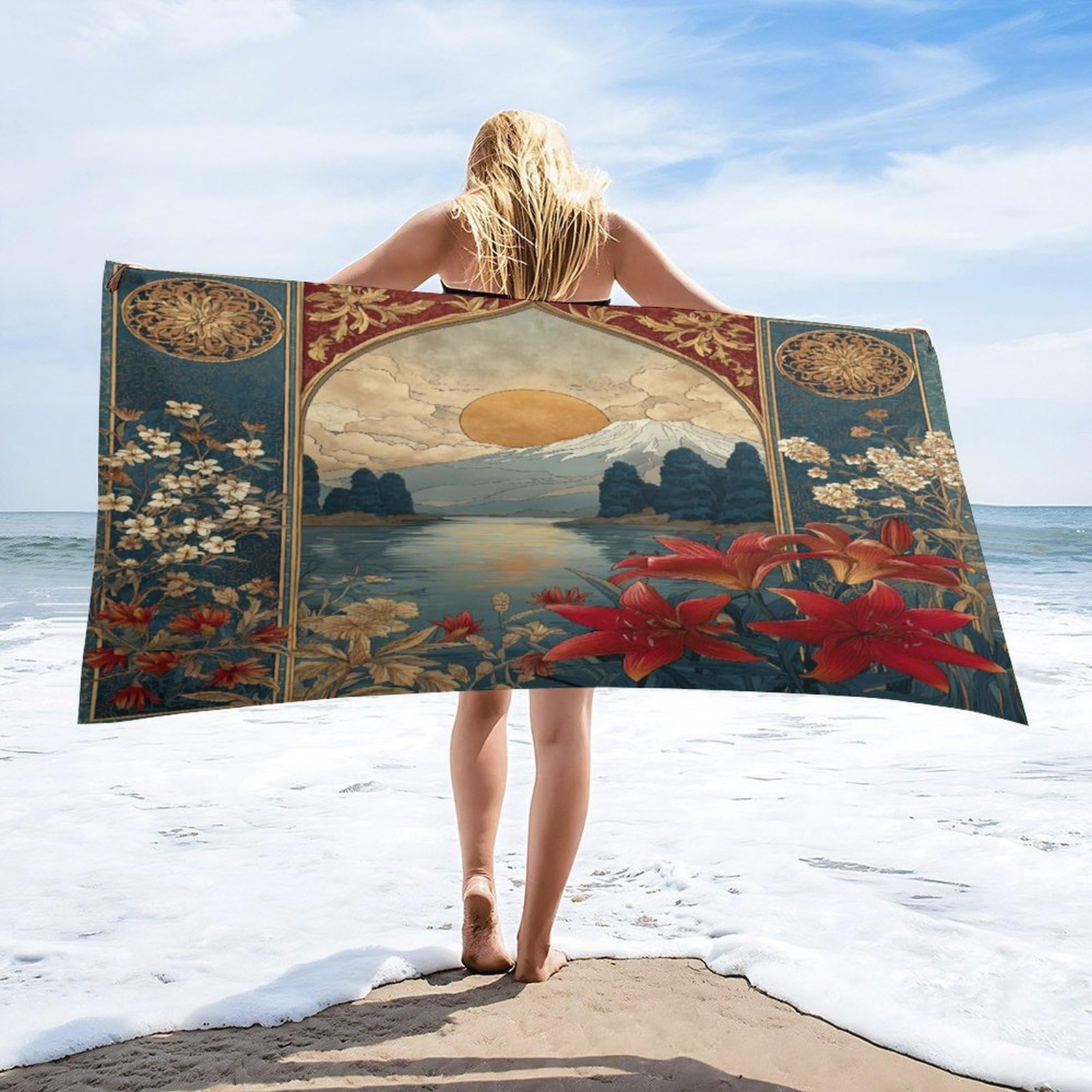 LUYYSKY Classic Bohemian Sunset Landscape Absorbent Beach Towel, Funny Oil Painting Mountain Lake Plant Lily Floral Outdoor Single-Sided Velvet Beach Towel-80 W cm x 160" L cm