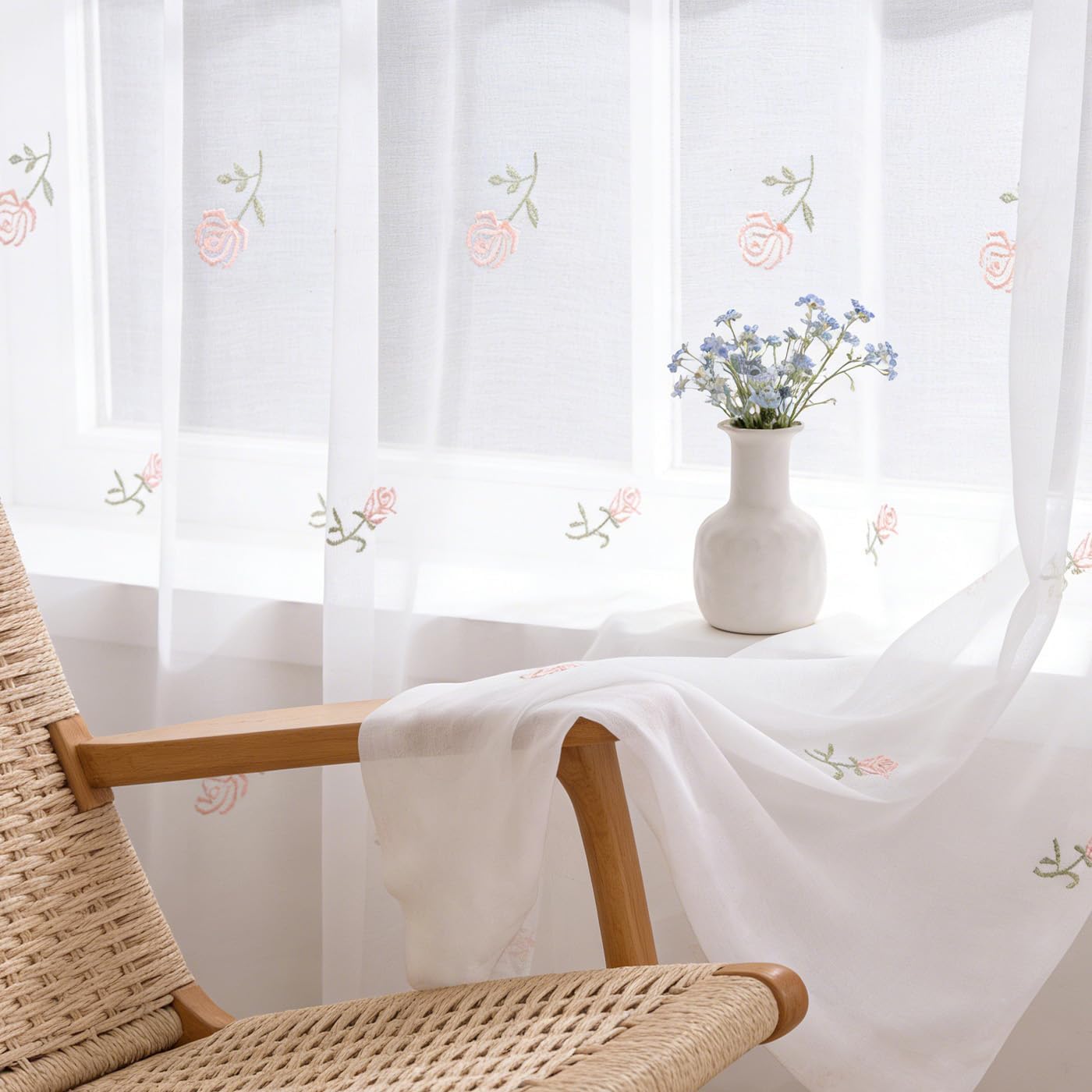 White 3D Raised Floral Sheer Curtains 63 Inch, Ditsy Floral Embroidery Patchwork Voile Curtains, Rod Pocket Window Treatments for Bedroom Living Room, 52" W x 63" L, Set of 2 Panels