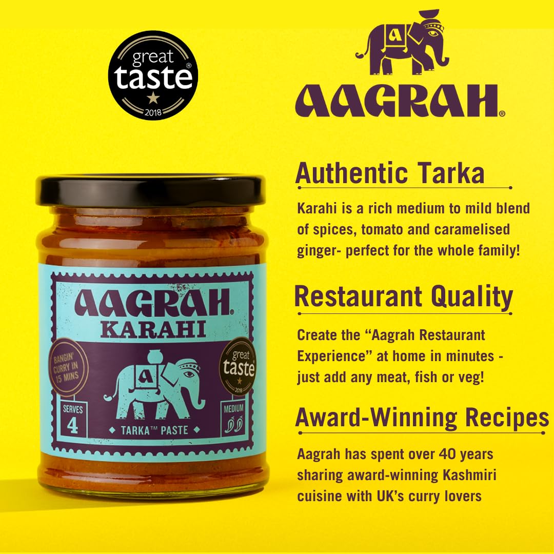 Aagrah Karahi Tarka Indische Curry-Kochsoße – authentische Restaurant-Rezeptbasis – mittel-mild – 270 g Glas für 3–4 – 6 Stück