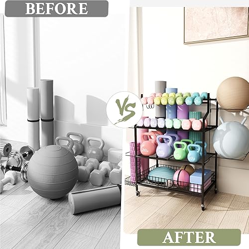 Miniatura 8 de Hadulcet Estante para mancuernas todo en uno, soporte de peso ajustable de 4 niveles para mancuernas, almacenamiento de gimnasio en casa para