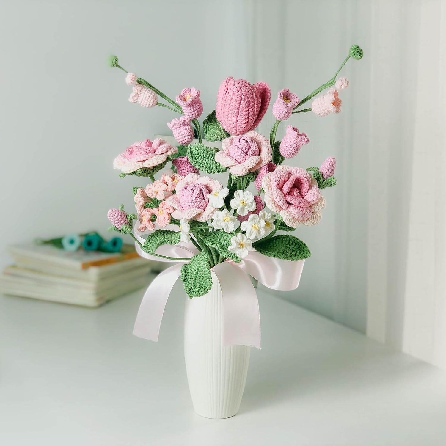 Joekaran Handmade Crochet Flower Bouquet, Artificial Flowers, Gift for Mom Wife Teacher Birthday, Perfect Wedding Bouquet, Home Decor (Pink)