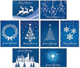 Charity Christmas Card Pack of 32. Each Christmas Card Multipack has 8 Different Festive Blue Designs. Ecofriendly and UK Made. Verse Inside. 172 x 122mm Card Size.