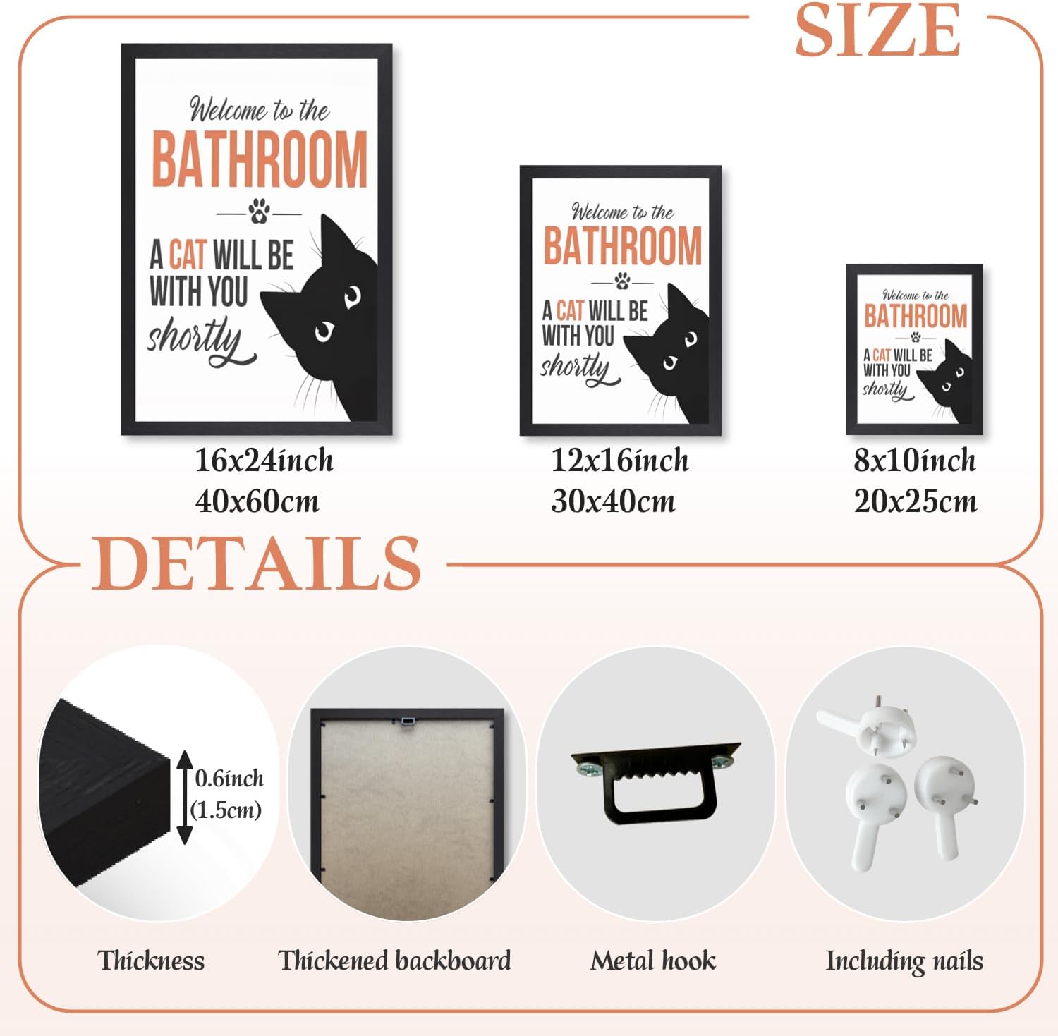 LLEEMPI Funny Bathroom Wall Art, Cat Quote “Welcome to the Bathroom” Canvas Painting, Black White Minimalist Animal Poster Print, Cute Cat Wall Decor for Restroom or Toilet Wood Framed 12x16 Inch
