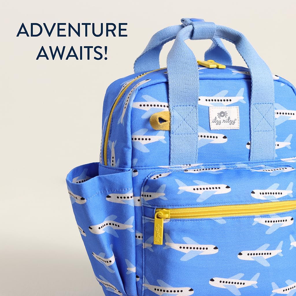 Itzy Ritzy Toddler Backpack - Daycare Bag - Features Adjustable Shoulder Straps, 2 Side Pockets & Spacious Interior with Wipeable Fabric Lining & Name Label, Airplane