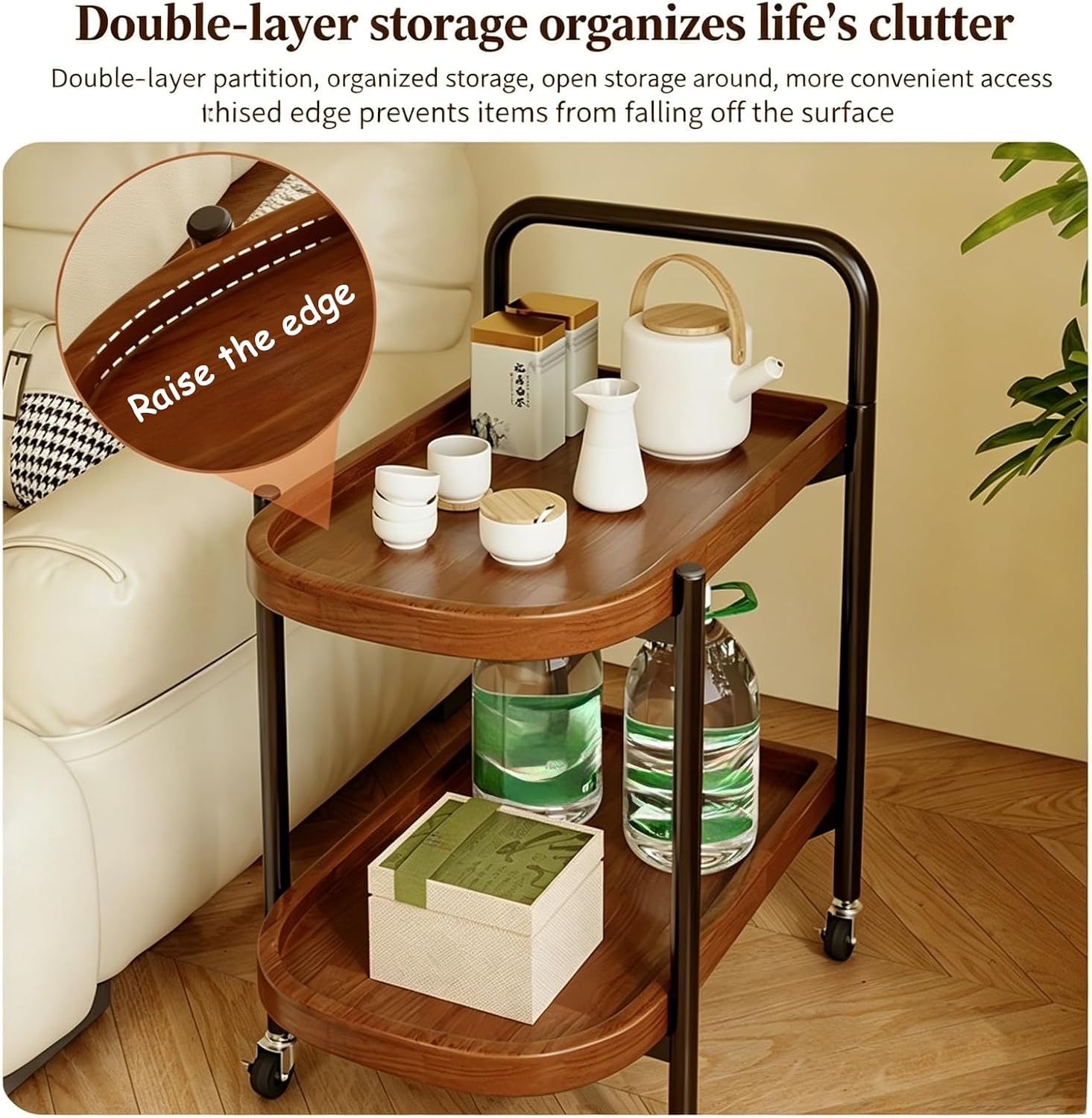 Solid Wood Trolley, Mobile Tea Set Rack, Double-Layer Storage Space, Suitable for Family Kitchens, Balconies, and Tea Rooms
