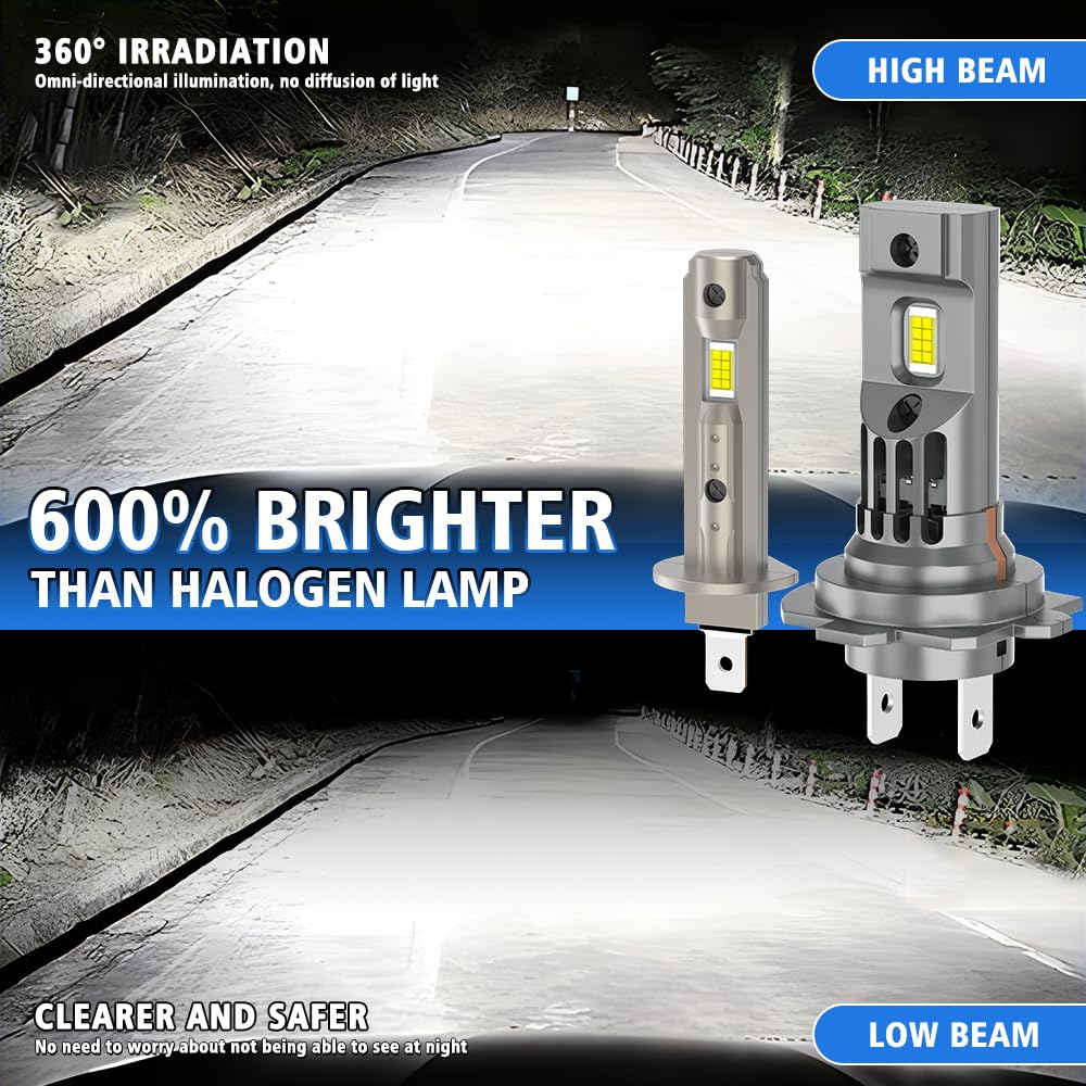 Żarówka LED H1 + H7 (mini format 1:1 6500 K) – bezprzewodowy, bezbiegunowy zestaw do konwersji LED, 90 W, 18000 lm, 600% jaśniejszy, halogenowy zamiennik światła drogowego/mijania