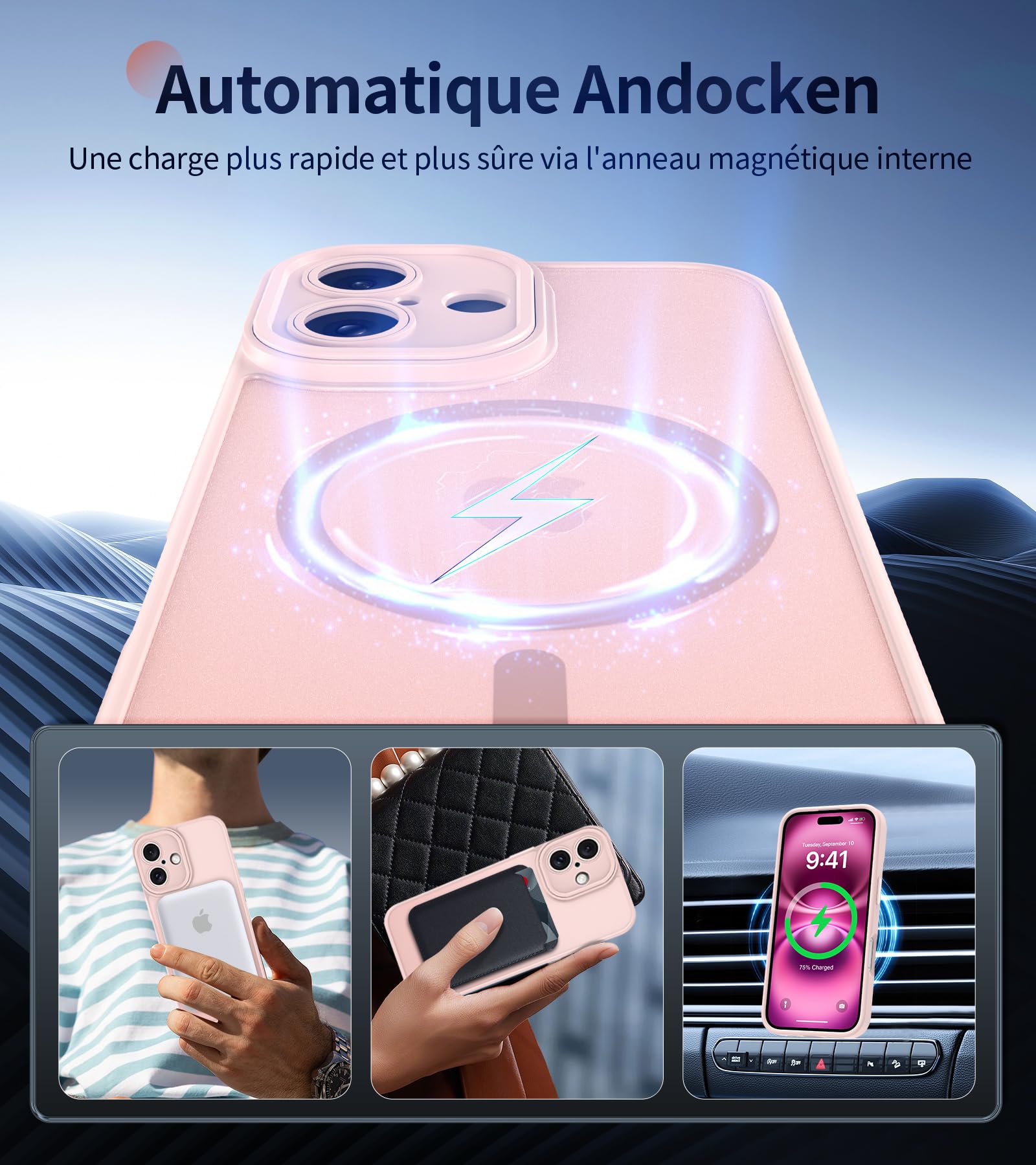 FLLAO Cover Magnetica per iPhone 16 Custodia e 2 Pellicole in Vetro Temperato, Cover iPhone 16 Compatibile con Magsafe, Traslucida Opaca Posteriore Sottile Antiurto Protettiva Case, Rosa