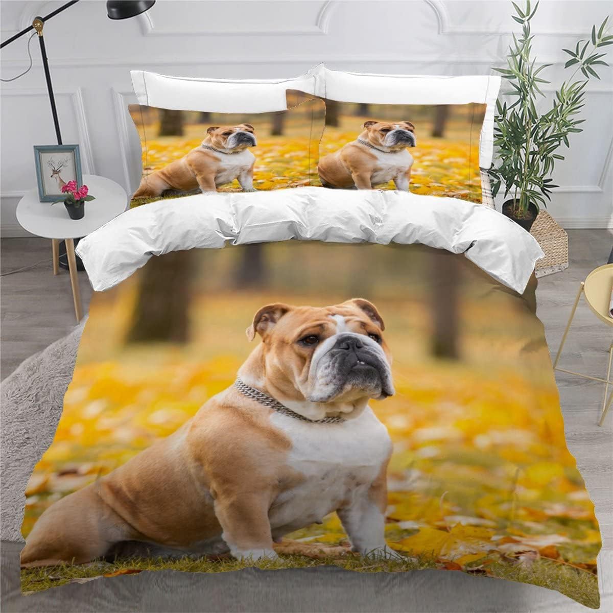 MEVASA King Bedding Set English Bulldog 3d Printed Girls Boys Adults Soft Microfiber Fluffy Breathable Kingsize Duvet Cover Set Autumn Forest Dog Bedding King Size with 2 Pillow Cases /230x220