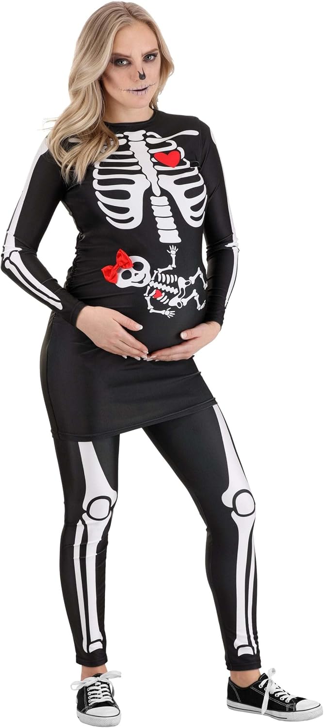 Maternity Pregnant Skeleton Costume - Dress with Printed Bones, Leggings, and Removable Ribbon Bow