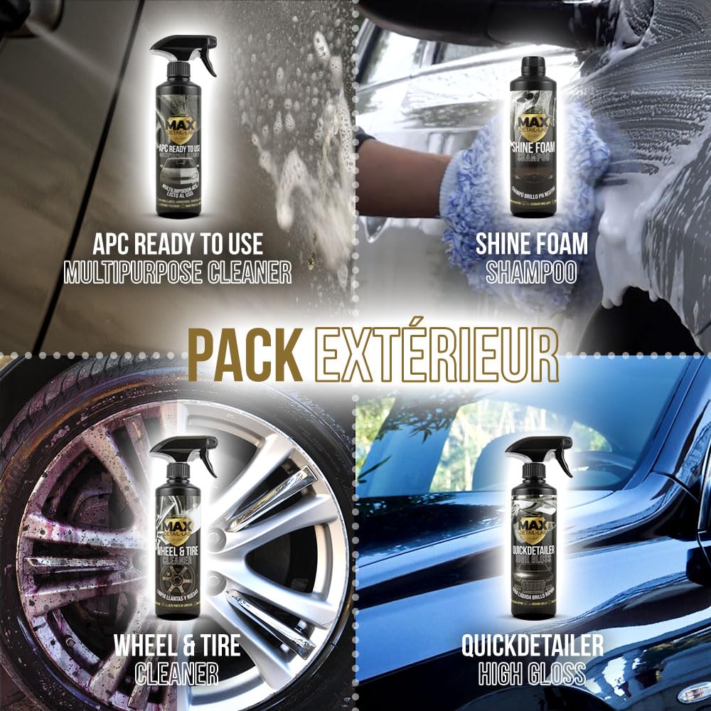 MAX DETAIL-LAB - Exterior Pack - Kit Nettoyage Voiture Extérieur Accessoires Microfibre, Nettoyant Jantes, Shampoing Carrosserie, Cire Liquide Quickdetailer, APC, Produit Detailing Auto Moto