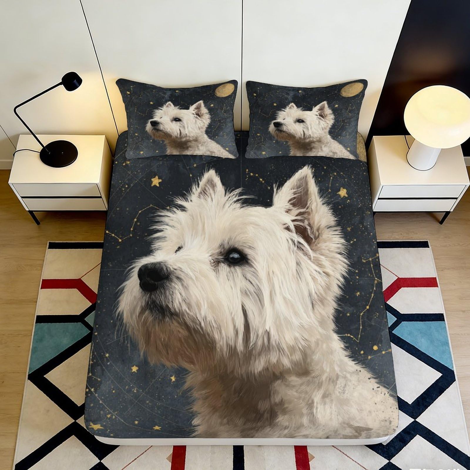 Pnayamiorkfel Style-4 3D Printed Westie Dog Constellation Fitted Sheet Microfiber Soft Non Slip Bed Sheet Bedroom Decor Machine Washable 90X200x25cm