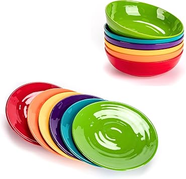 Colorful Melamine Dinnerware Bundle - 11-inch Plates Set of 6 and 8-inch Salad Bowls Set of 6