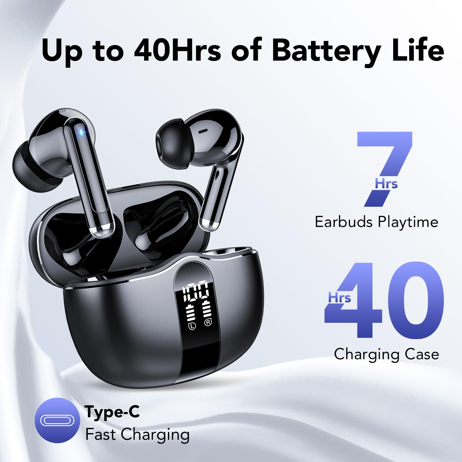 Tukio Cuffie In-Ear, Cuffie wireless con altoparlanti stereo hi-fi da 14 MM, durata della batteria di 40 ore con vano di ricarica a LED, uffie di qualità sonora leggere, portatili