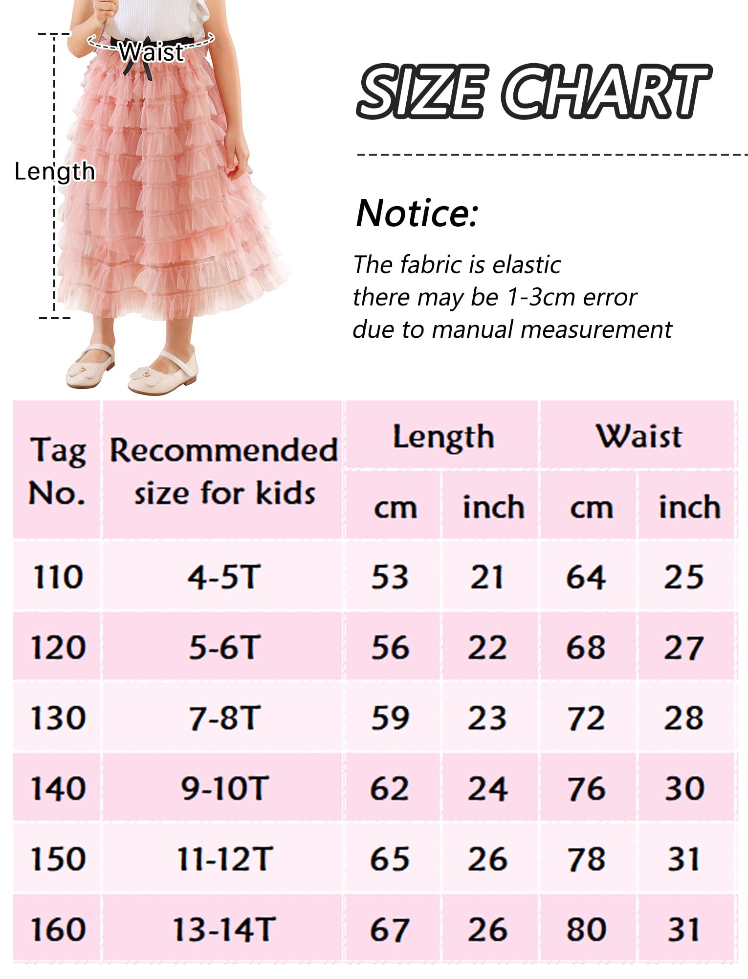 FEOYA Gonna tutù per bambine e ragazze, gonna in rete elasticizzata in vita, gonna in tulle al ginocchio, gonna lunga da principessa, per 4-14 anni