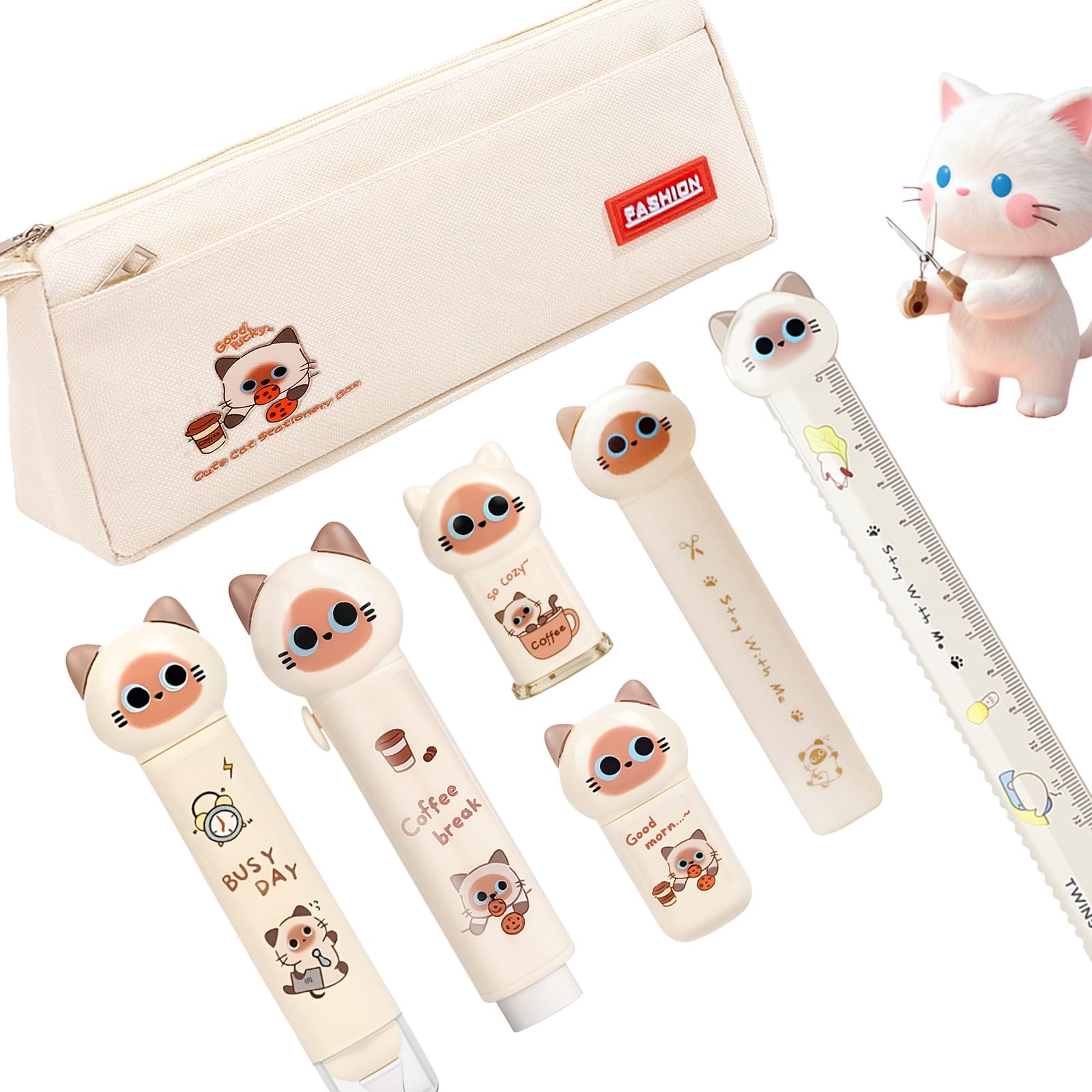 Set da 7 articoli di cancelleria per la scuola, set di articoli per la scuola, cancelleria giapponese Kawaii, regalo di Natale e compleanno, include temperamatite, evidenziatore, correttore a nastro