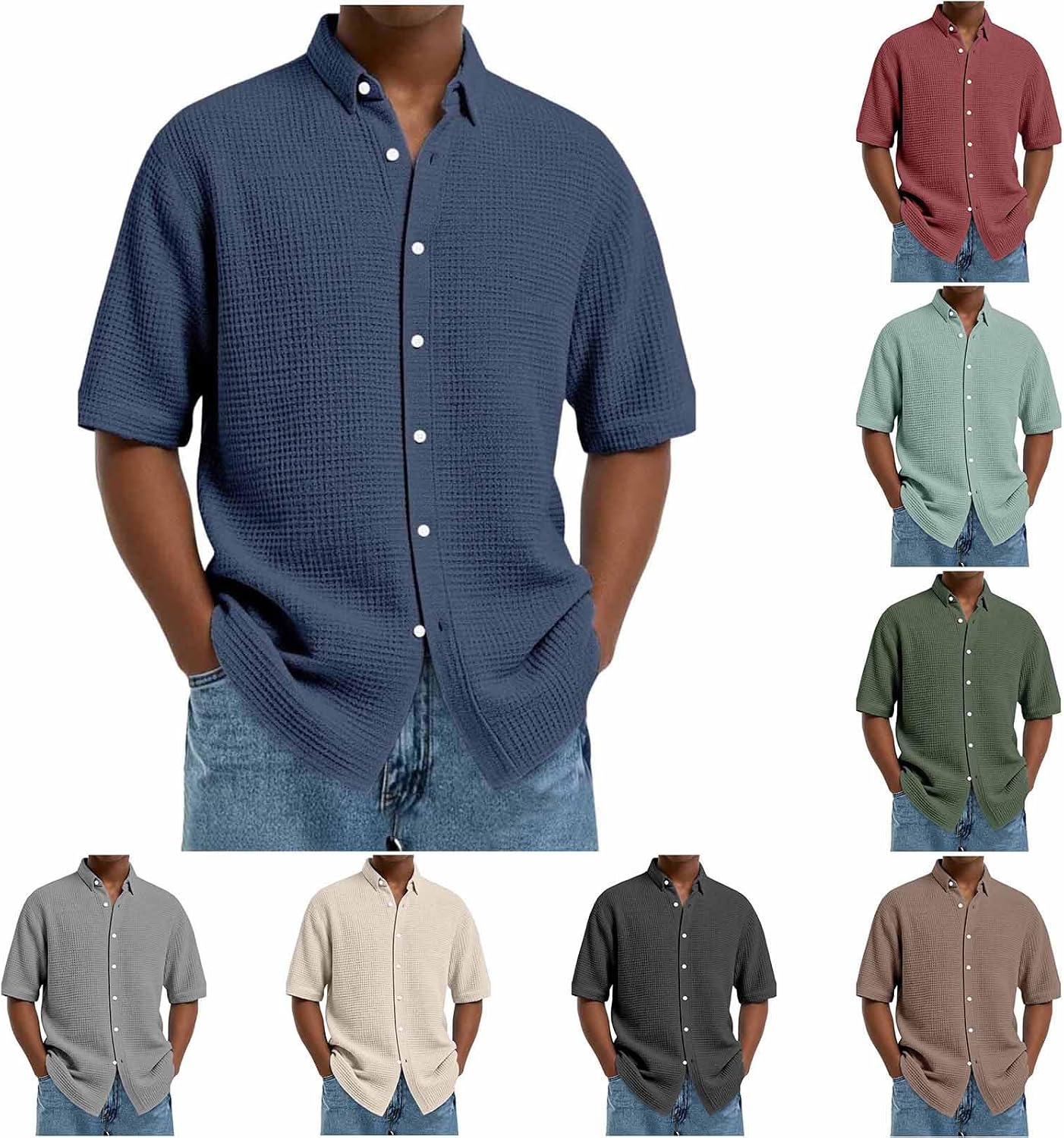 Mens Casual Waffle Shirts Short Sleeve Button Down Summer Tops Loose Fit Beach Shirt Travel Vacation Outfits