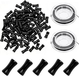 100Pcs Black Bamboo Beads Craft Necklace ＆ 2pcs 0.8mm Mini Crystal Elastic Rope, 12 mm Transparent Bamboo Tube Joint Beads, Natural Black DIY Craft Loose Bead