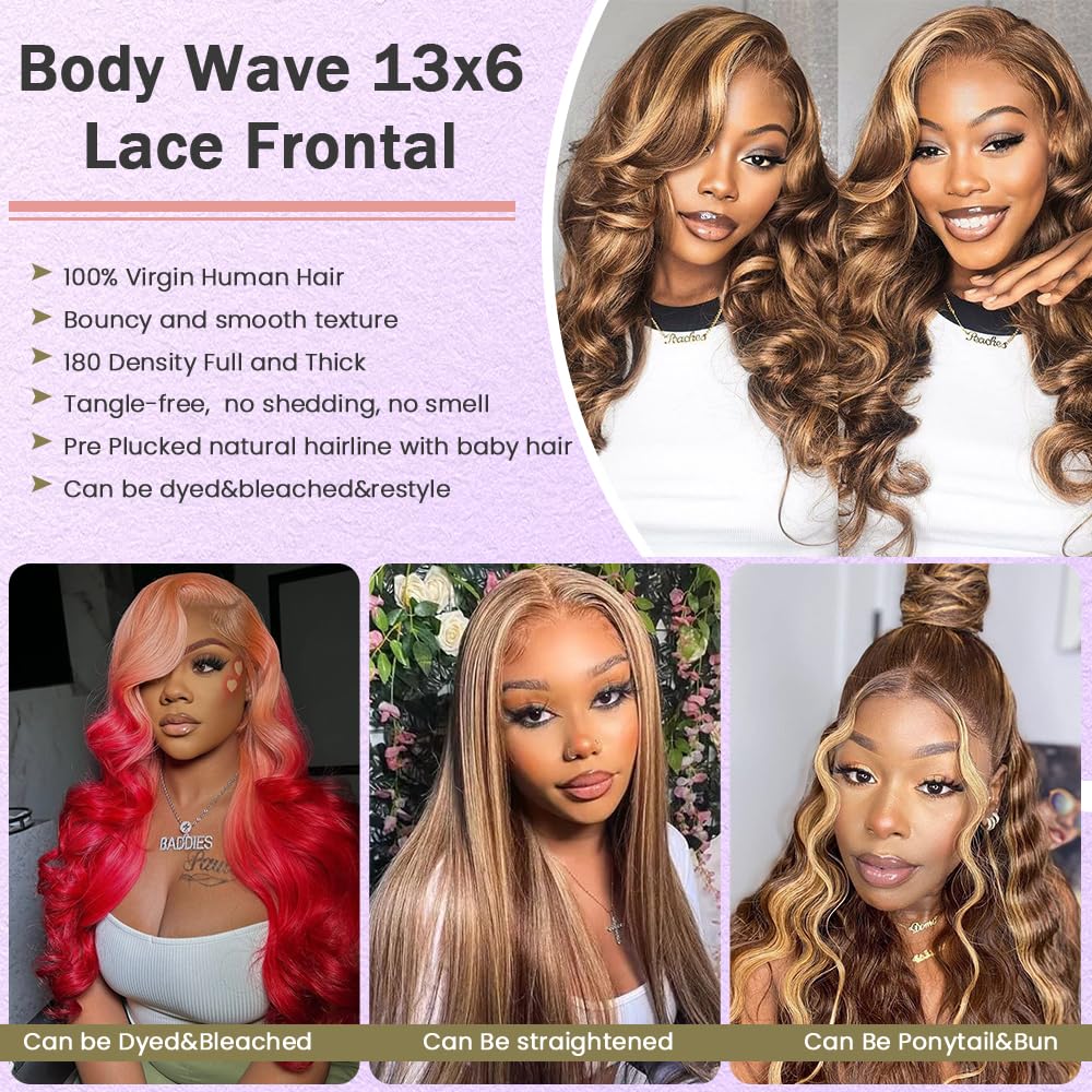 Belaved 4/27 Hihglight Wigs Human Hair Ombre 13X6 Lace Front Body Wave Honey Brown Blonde Wig Human Hair Pre Plucked HD Frontal 180% Density Glueless Colored 24inch