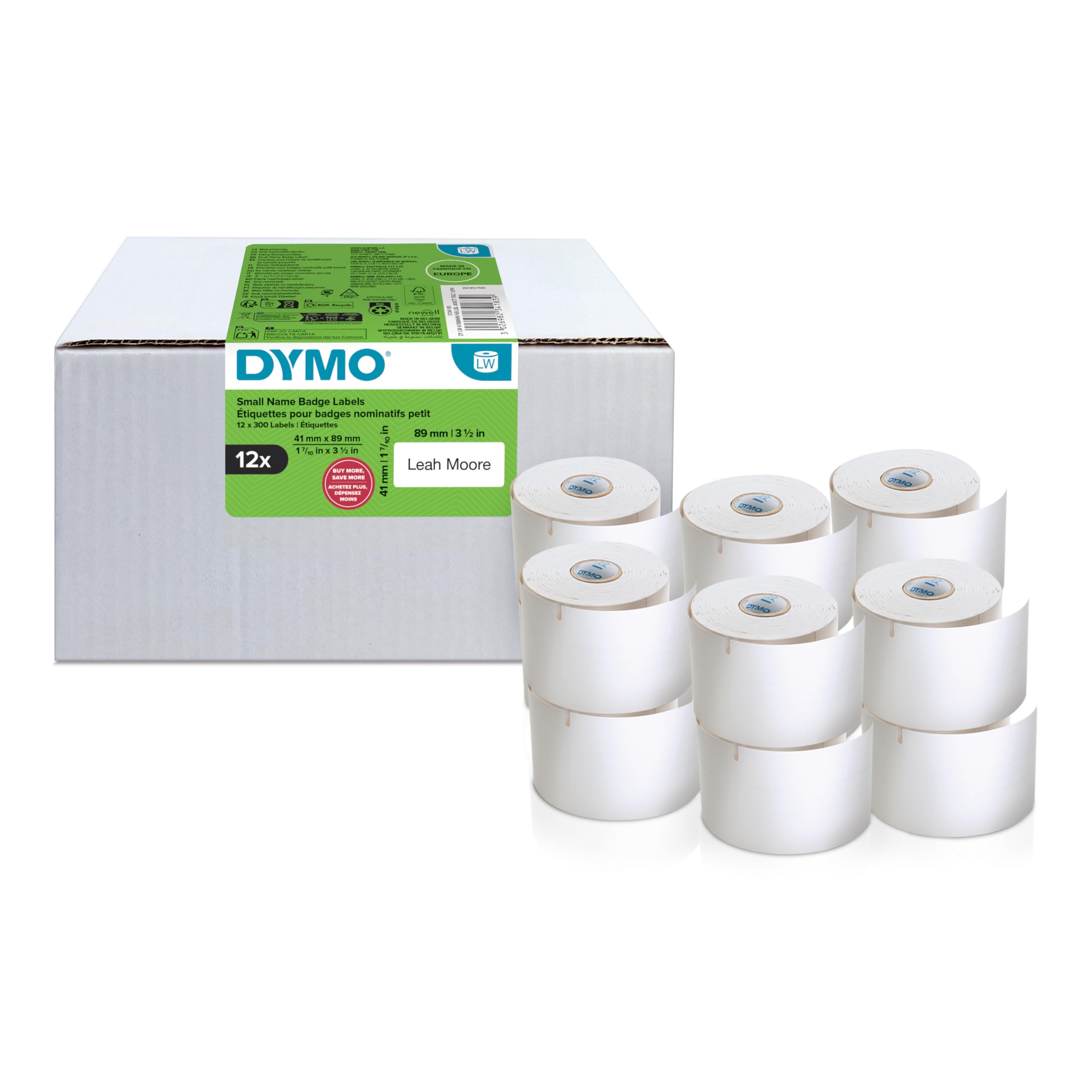 Dymo Authentic LabelWriter Etykiety z małym imieniem | 41 mm x 89 mm | Samoprzylepne | 12 rolek po 300 łatwych do odklejenia etykiet (3600 sztuk) | dla producentów etykiet LabelWriter, wyprodukowano w