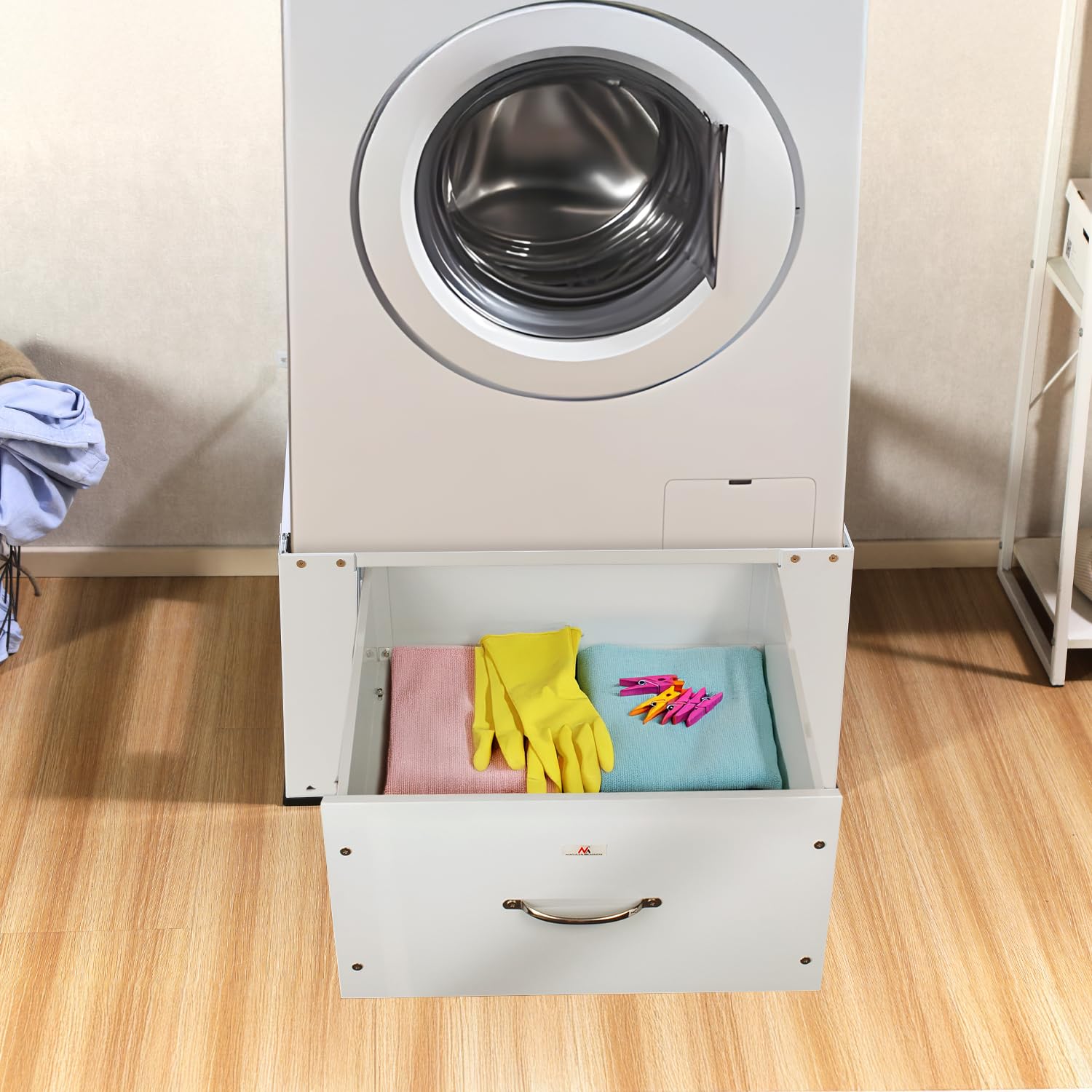 Maclean MC-117 W Waschtrocknersockel mit Schublade Weiß | Sockel für Waschmaschine & Trockner | Stahl Konstruktion 150 kg Tragkraft | Ergonomisch, Rutschfest, Stauraum, Modernes Design
