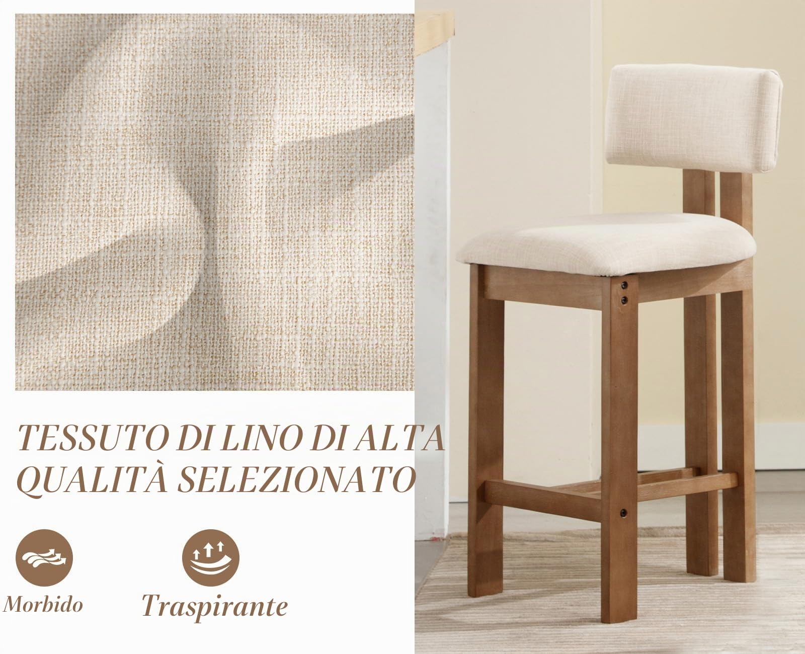 chairus 2 PZ Sgabelli da Cucina in Tessuto di Lino Sgabello Bar, Beige | Sgabelli Cucina con Gambe in Legno Sedie Alte Senza Braccioli Sgabelli Rustiche per Sala da Pranzo/Ristorante/Bar