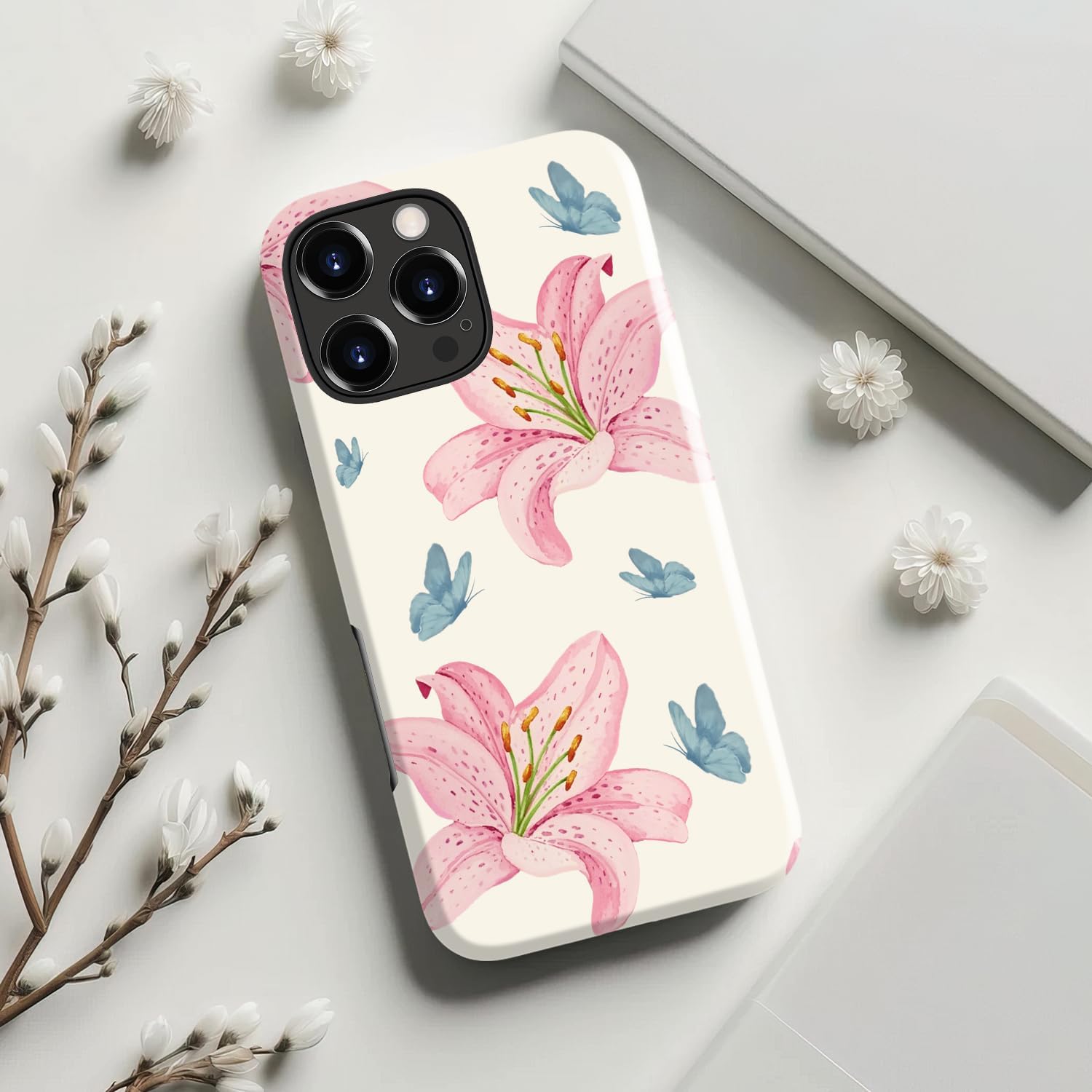 MERRO for iPhone 16 Pro Case - Wireless Charging Compatible - Dual-Layer Hard Shell & Silicone Cover - Protective Phone Case with Cute Wildflower Designs for Women - Lily Blossom - Image 4