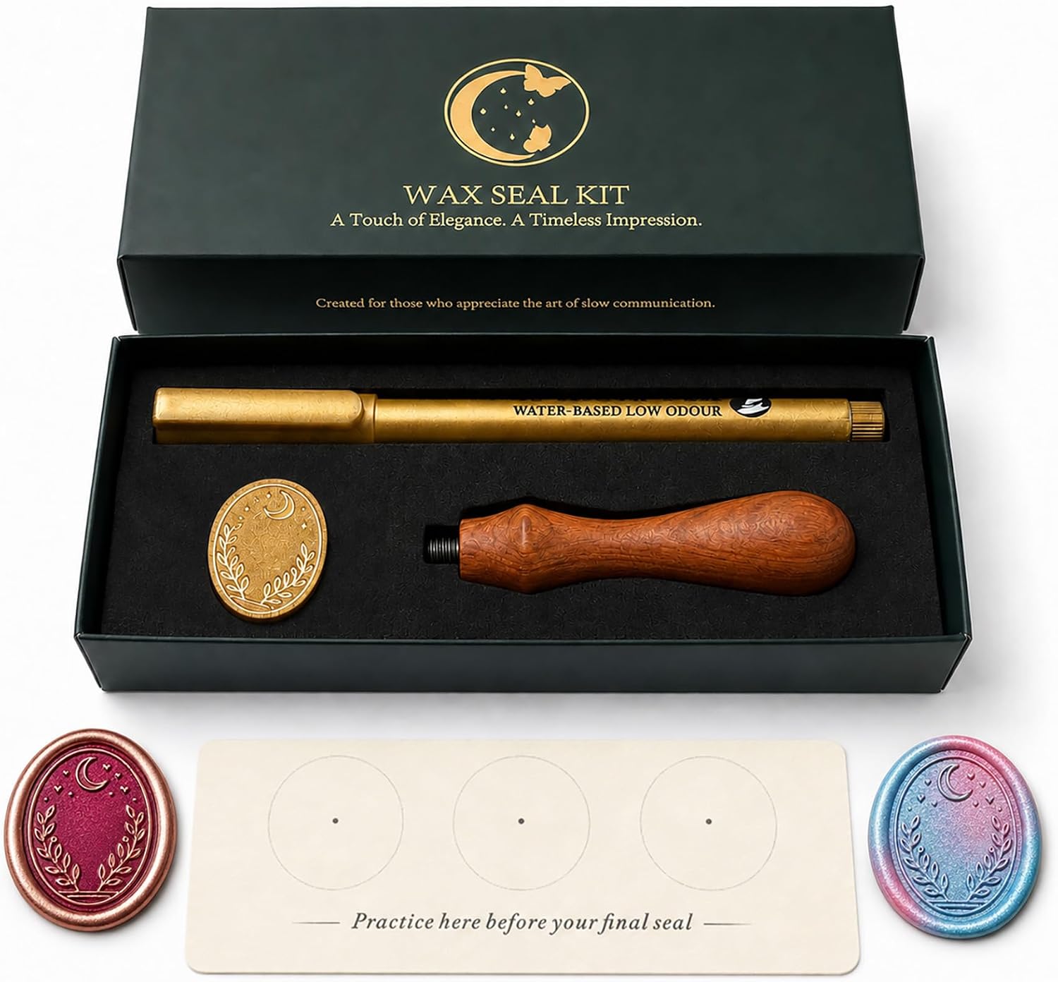 Solid Brass Wax Seal Stamp Kit – 30mm Frosted Base with 0.6mm Deep Engraving, Anti-Stick Flat Bottom – Wood Handle Sealing Wax Stamp for Wedding Invitations, Envelopes & Gift Wrapping, TY