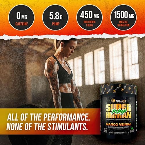 Miniatura 3 de ALPHA LION Superhuman Pump Polvo para antes de entrenar, suplemento preentrenamiento sin cafeína ni estimulantes, potenciador de óxido nítrico, para