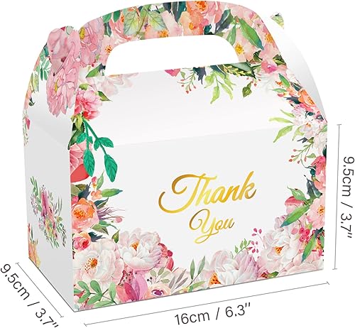 Miniatura 3 de 12 cajas de dulces con diseño de flores y texto en inglés "Thank You Our Love" con asa de papel kraft con temática de flores, para bodas,