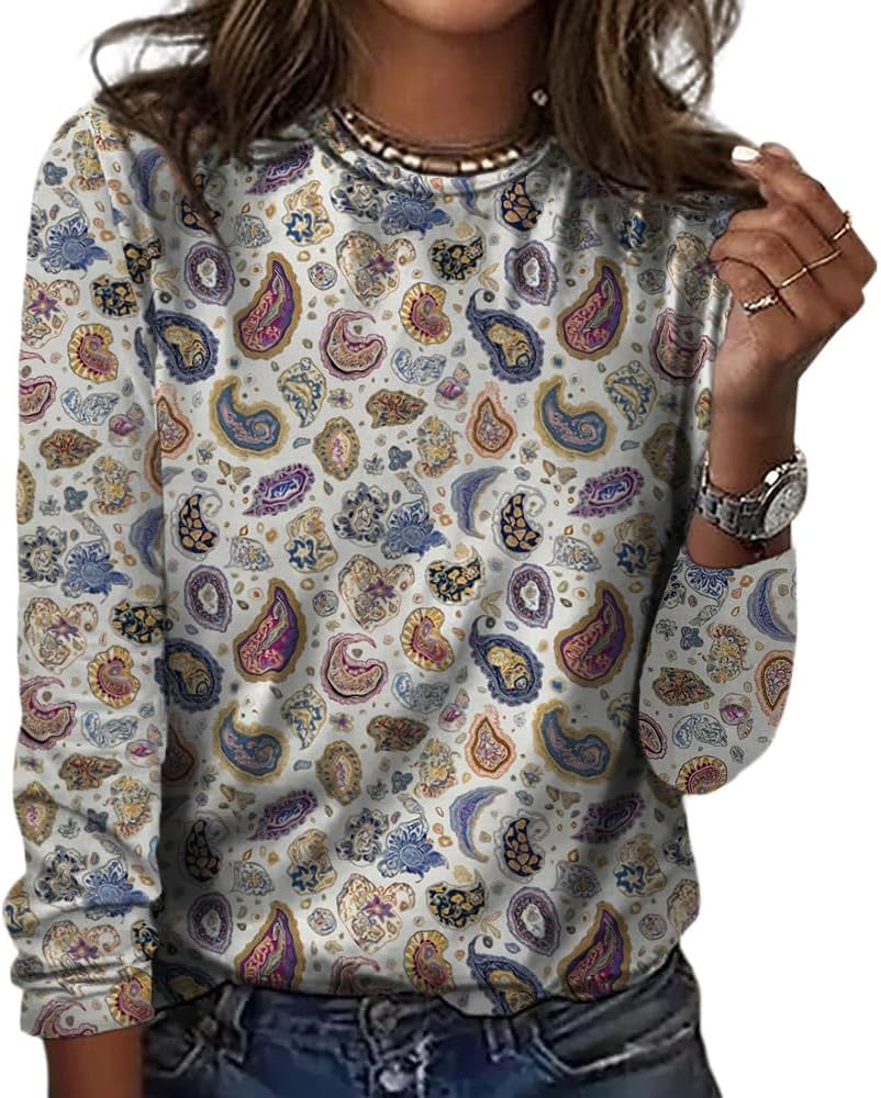 ZOCANIA Boho Long Sleeve Tops for Women Floral Printed Womens Shirts Crewneck Loose Fit Lightweight Casual Women's Shirt