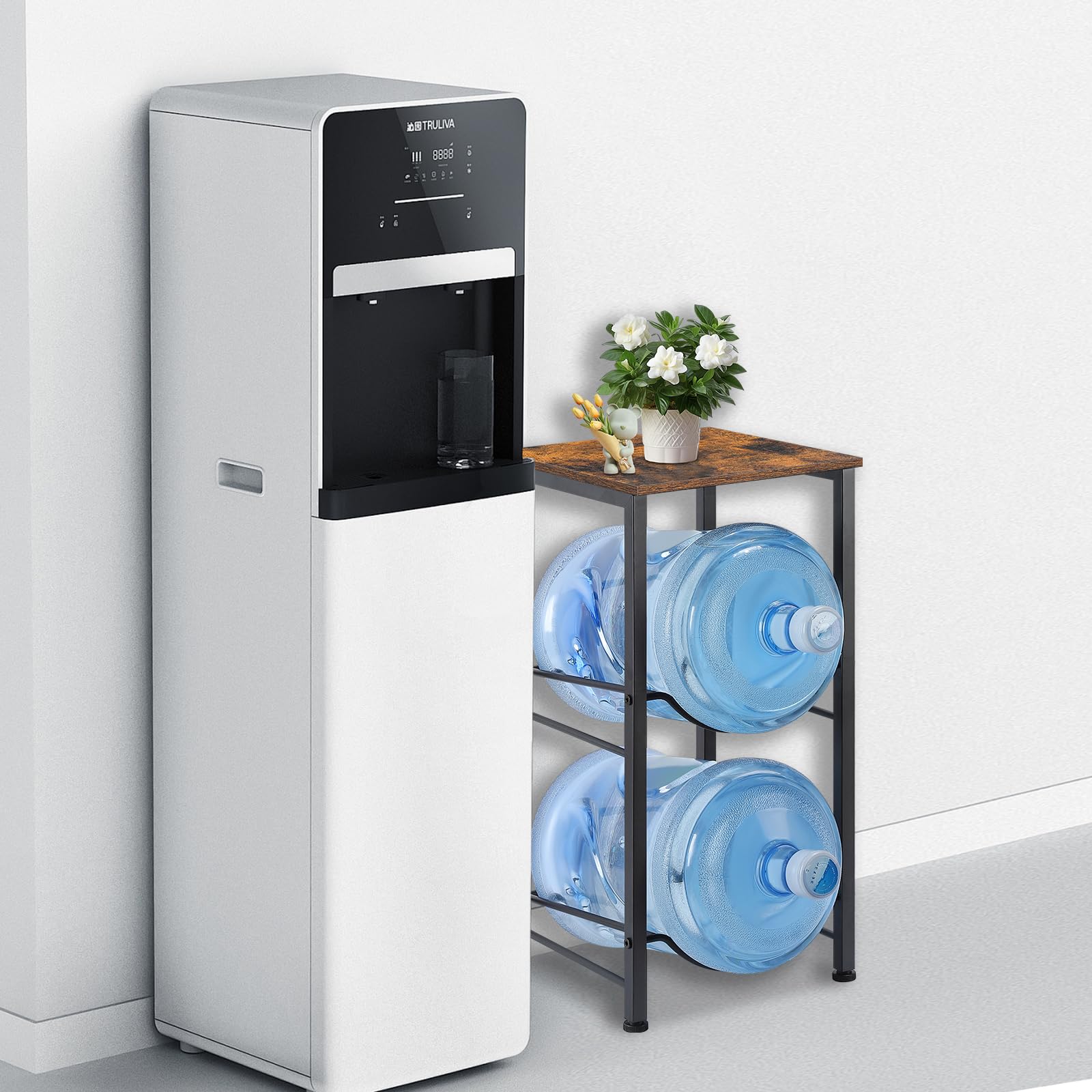 MOOACE Estante para jarra de agua de 5 galones, organizador de 2 niveles para botellas de agua | Soporte dispensador de agua con estantes de almacenamiento para oficina, cocina, sala de estar, marrón rústico