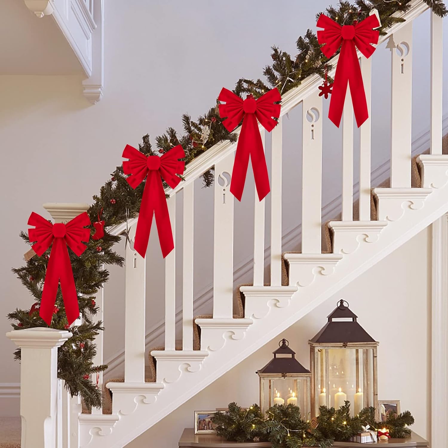 4 Pcs Medium Red Bows Christmas Tree Decor - 21"×9" Velvet Red Bows with Golden Tie, Easy Hanging for Window/Stairs/Porch/Gifts Warp/Party Supplies