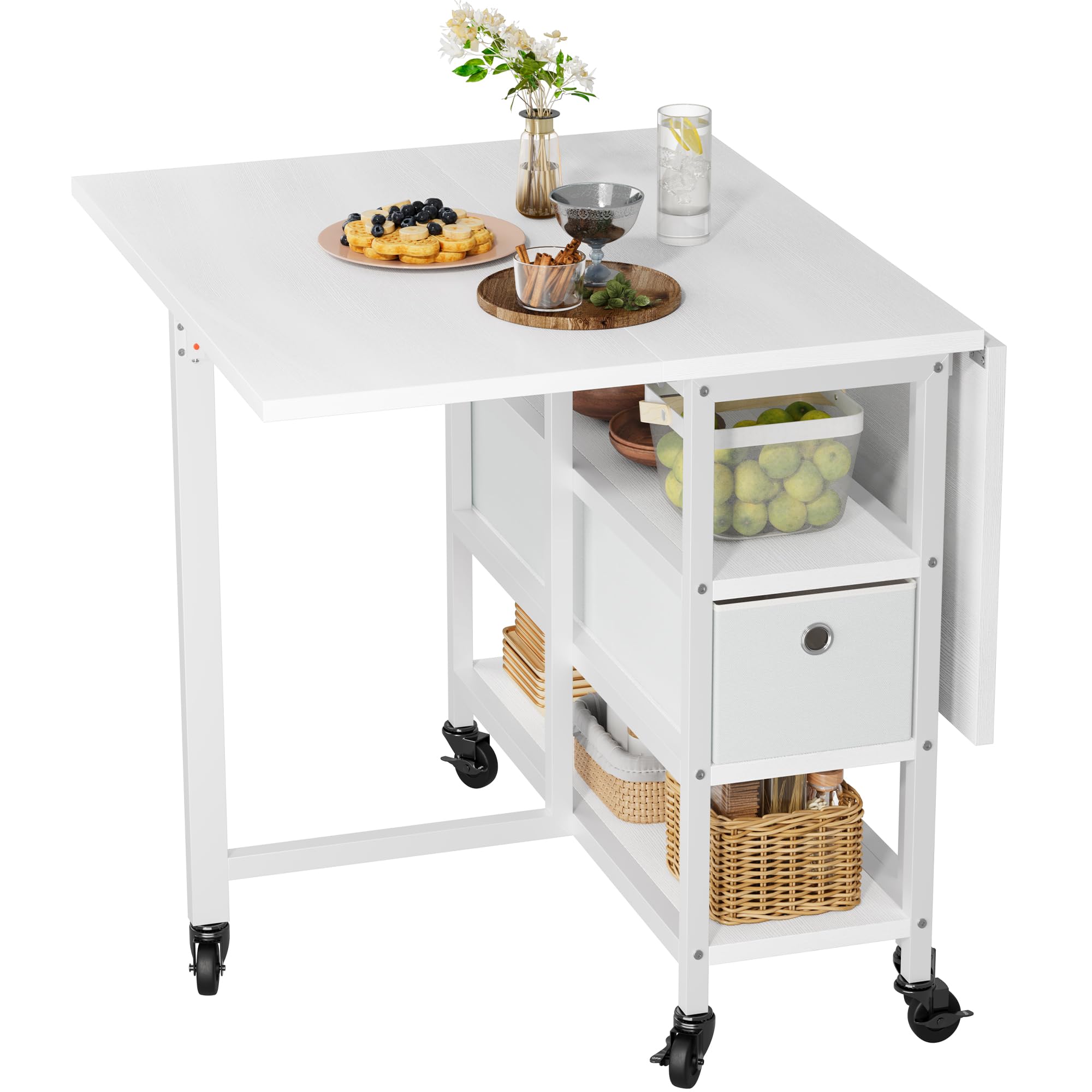 YITAHOME Table de Salle à Manger Pliante Mobile avec 6 roulettes et tiroirs de Rangement pour Petits espaces, Cuisine, Salle à Manger, Blanc