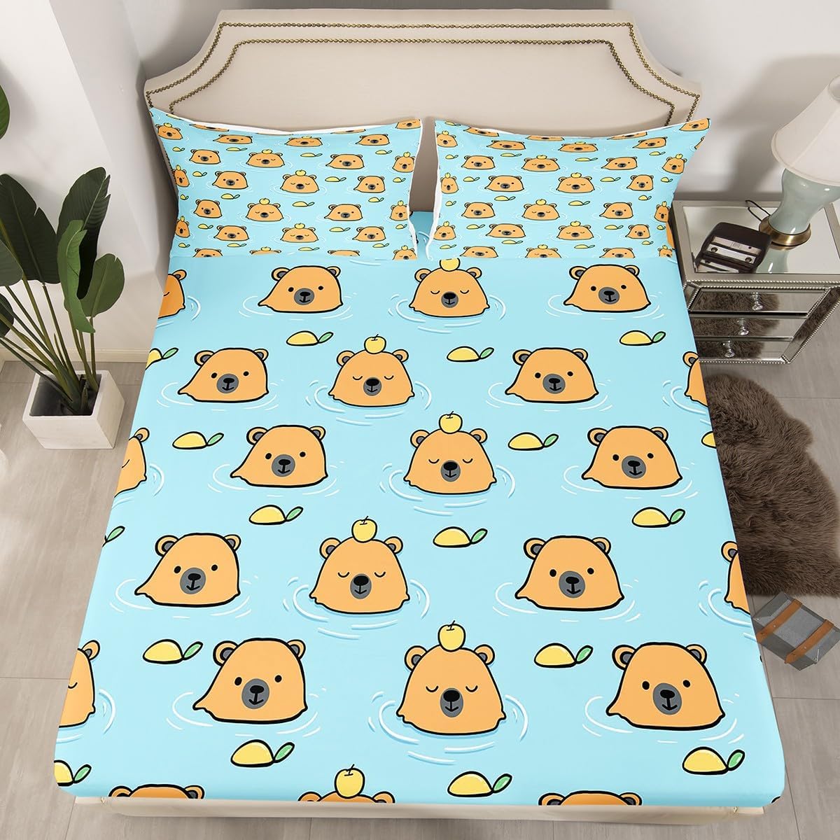 Queen Kids Playing Car Bed Sheets Set Boys Girls Road and Traffic Sheet Set for Toddler Ultra Soft Coloful Fun Game Sheets with Deep Pocket Fitted Sheet Educational Race Track Bedding Set Room Decor