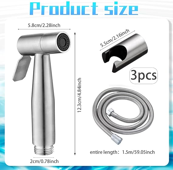 3 Pcs Handheld Bidet Attachment for Toilet UK Set - Premium Bidet Sprayer, Stainless Steel Handheld Douche Sprayer with 1.5M Hose and Valve Adapter, Hygienic & Eco-Friendly Douche Spray Solution