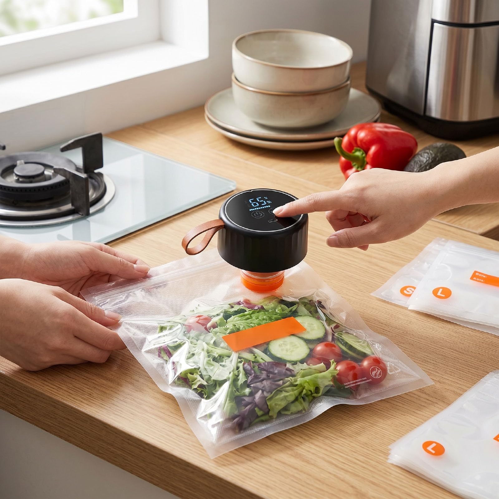 ViaGasaFamido Máquina de Sellado Al Vacío Mason Jar Portátil y Versátil para Almacenamiento de Alimentos con 20 Bolsas de Vacío Incluidas