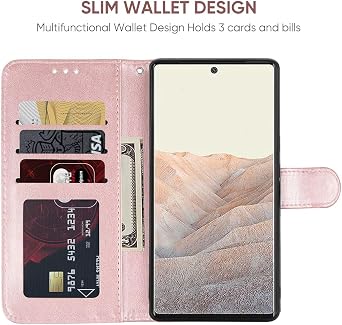 Case for Pixel 6, for Google 6 G9S9B Wallet Case with Tempered Glass Screen Protector, Rose Gold Floral Leather Flip Credit Card Holder Stand Phone Cover for Google Pixel 6 Rose Gold