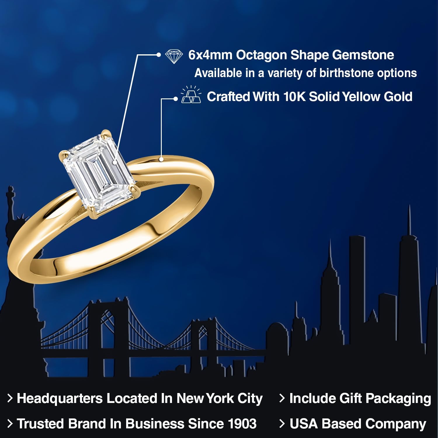 Gem Stone King 10K Yellow Gold Lab Grown Diamond Engagement Ring For Women | 0.65 Cttw | Emerald Cut 6X4MM | Gemstone April Birthstone | DEF Color | VVS-VS Clarity