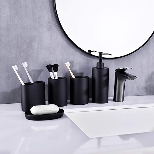 Miniatura 9 de Juego de accesorios de baño de 5 piezas en negro mate, juego de accesorios decorativos de baño de diseño moderno, incluye un dispensador de jabón,