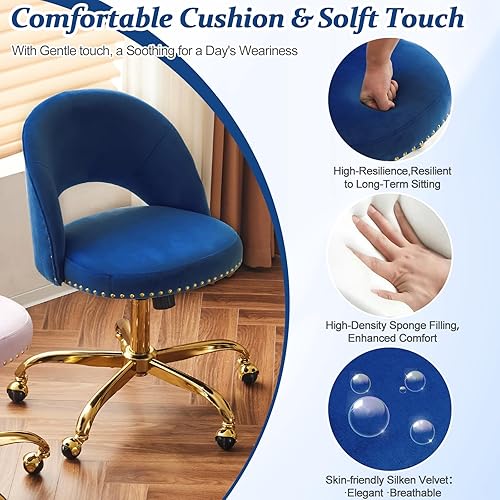 Vista 42 de VINGLI Silla de oficina pequeña de terciopelo moderna, bonita silla de escritorio con ruedas, base dorada/tachuelas, cómoda silla giratoria sin Beige