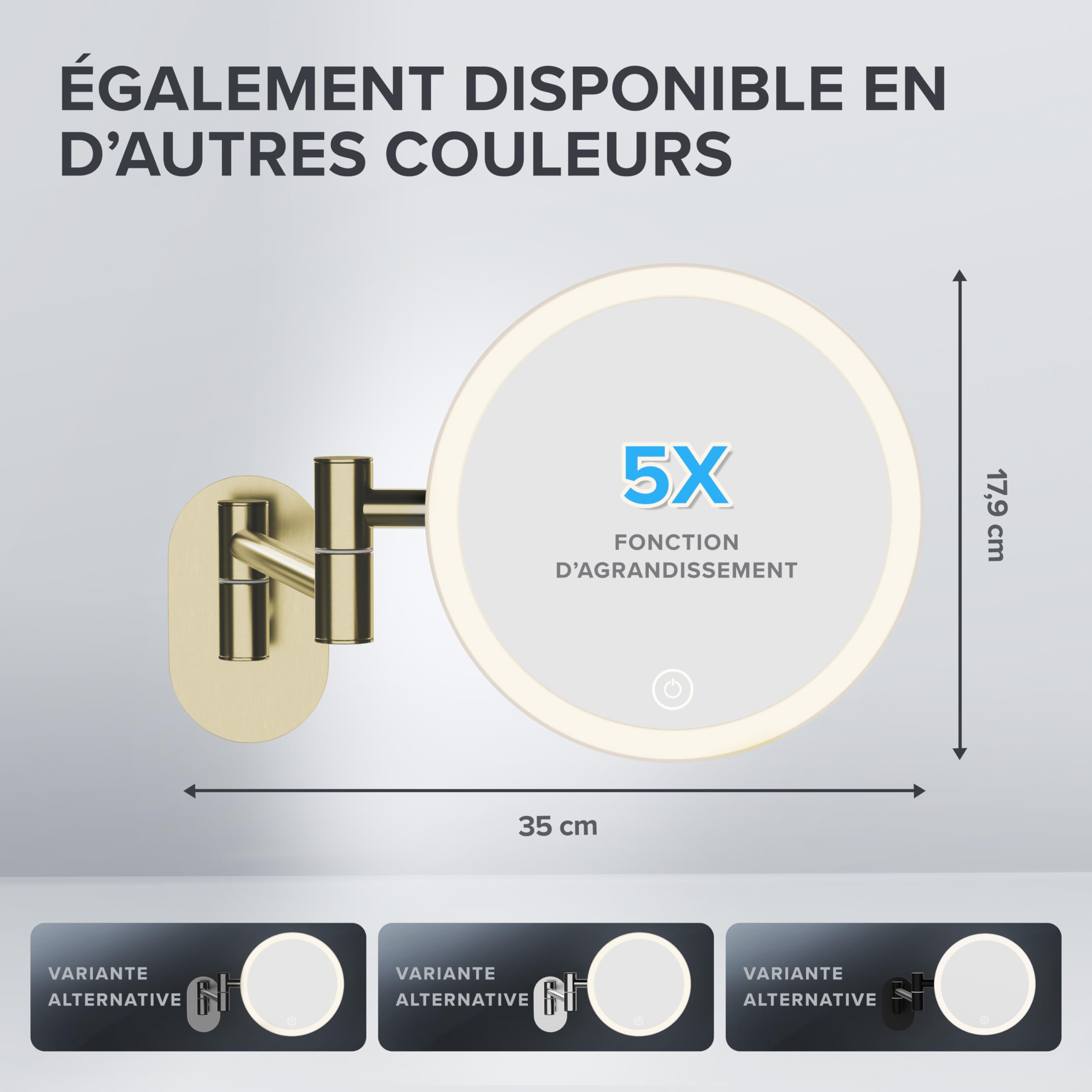 Ovimar Cosmétique Blavand Or | Éclairage | Rechargeable | Montage Mural sans Perçage | Salle de Bain | Miroir Grossissant 5X | Miroir de Maquillage 360°