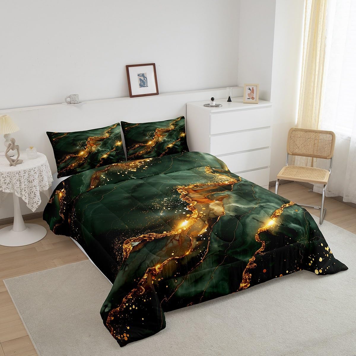 Abstract Marble Comforter Set Full Size,Luxury Stone Texture Modern Artwork Bedding Set,Boys Girls Adults Room Decor,Golden Sequins Dreamy Down Comforter,Green Unique Duvet Insert,2 Pillowcases