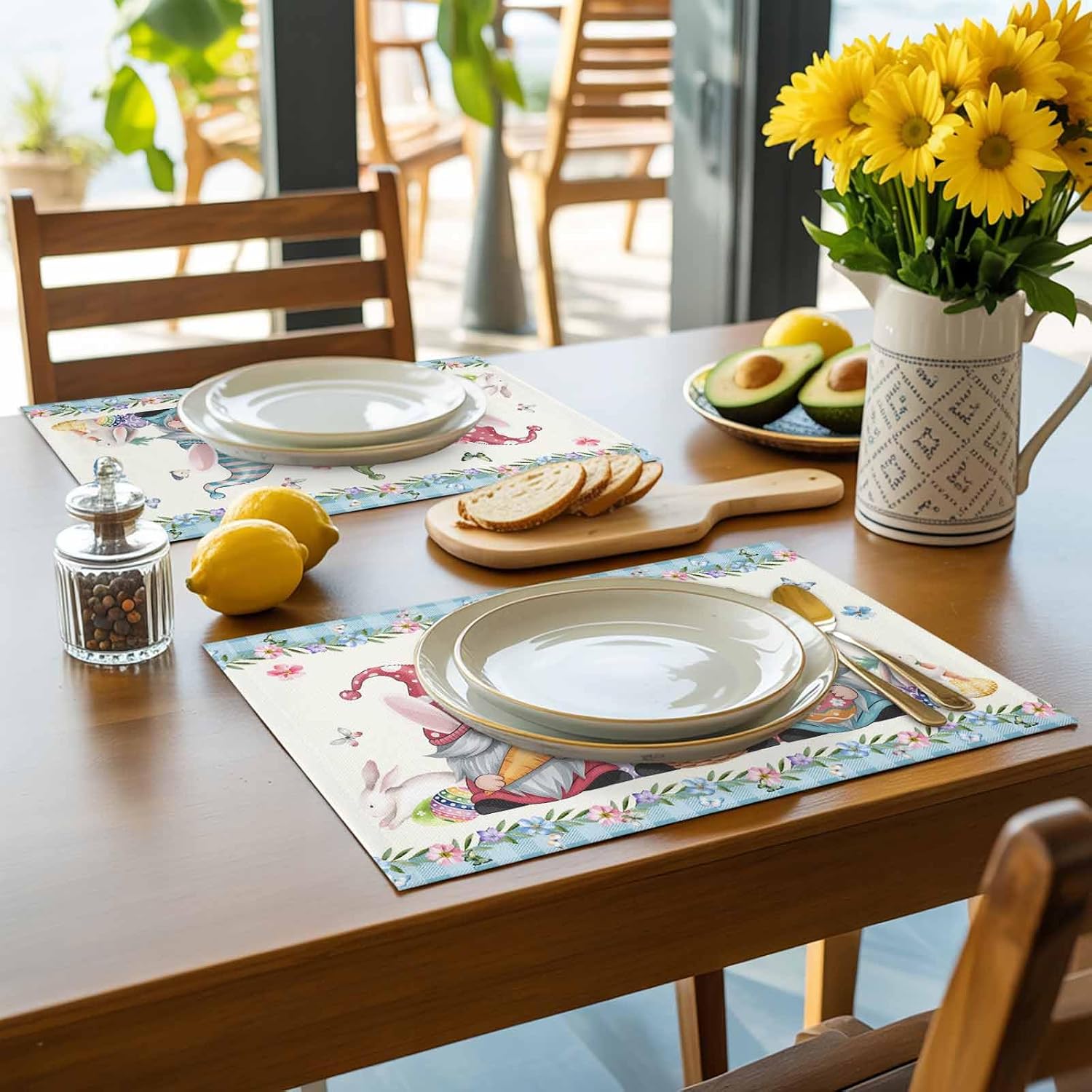 Easter Basket Eggs Placemats Set of 6 - Washable Woven Burlap Cloth Fabric Placemat for Square/Rectangle/Round/Oval Dining Table,Easter Gnomes Bunny Blue Plaid Flower Easy Clean Place Mats for Kids