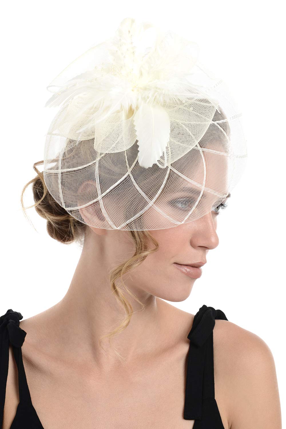 Zac's Alter Ego Lace & Net Fascinator with Feathers on Clip or Aliceband