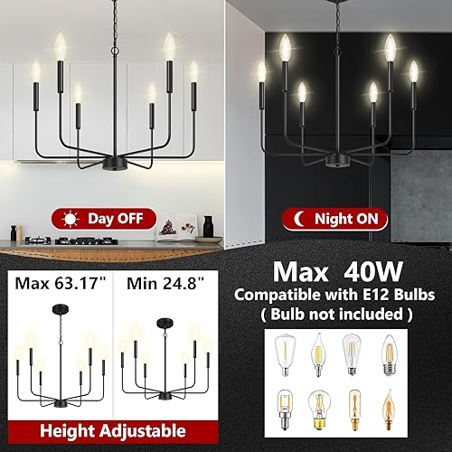 Miniatura 3 de MQKIWAO Candelabro de granja de 6 luces, iluminación industrial negra colgante de techo, iluminación colgante rústica de altura ajustable con base