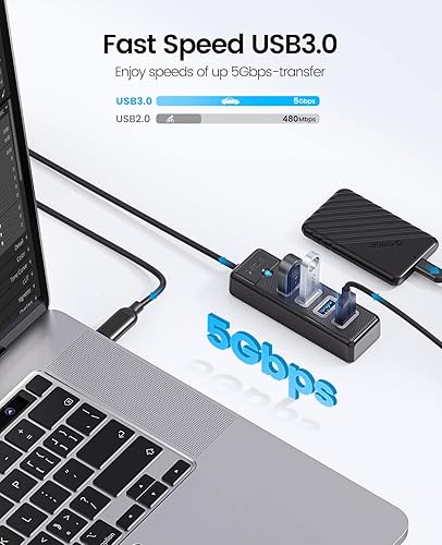 Miniatura 4 de 4 puertos USB 3.0 Hub ORICO Ultra Slim Data USB Splitter con cable extendido de 3.28 pies, para laptop, PC, MacBook, Mac Pro, Mac Mini, iMac, XPS,